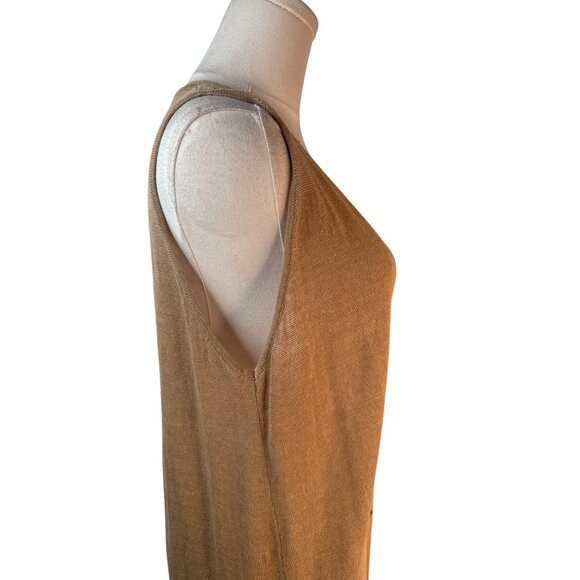 2/$30 ZARA M Sleeveless V Neckline Button-Down Camel Linen Blend Midi Dress - Picture 7 of 16